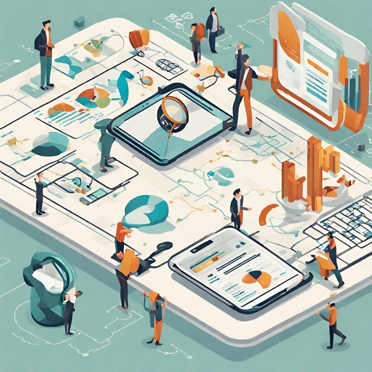 Persone camminano su una dashboard gigante con grafici, dati e report