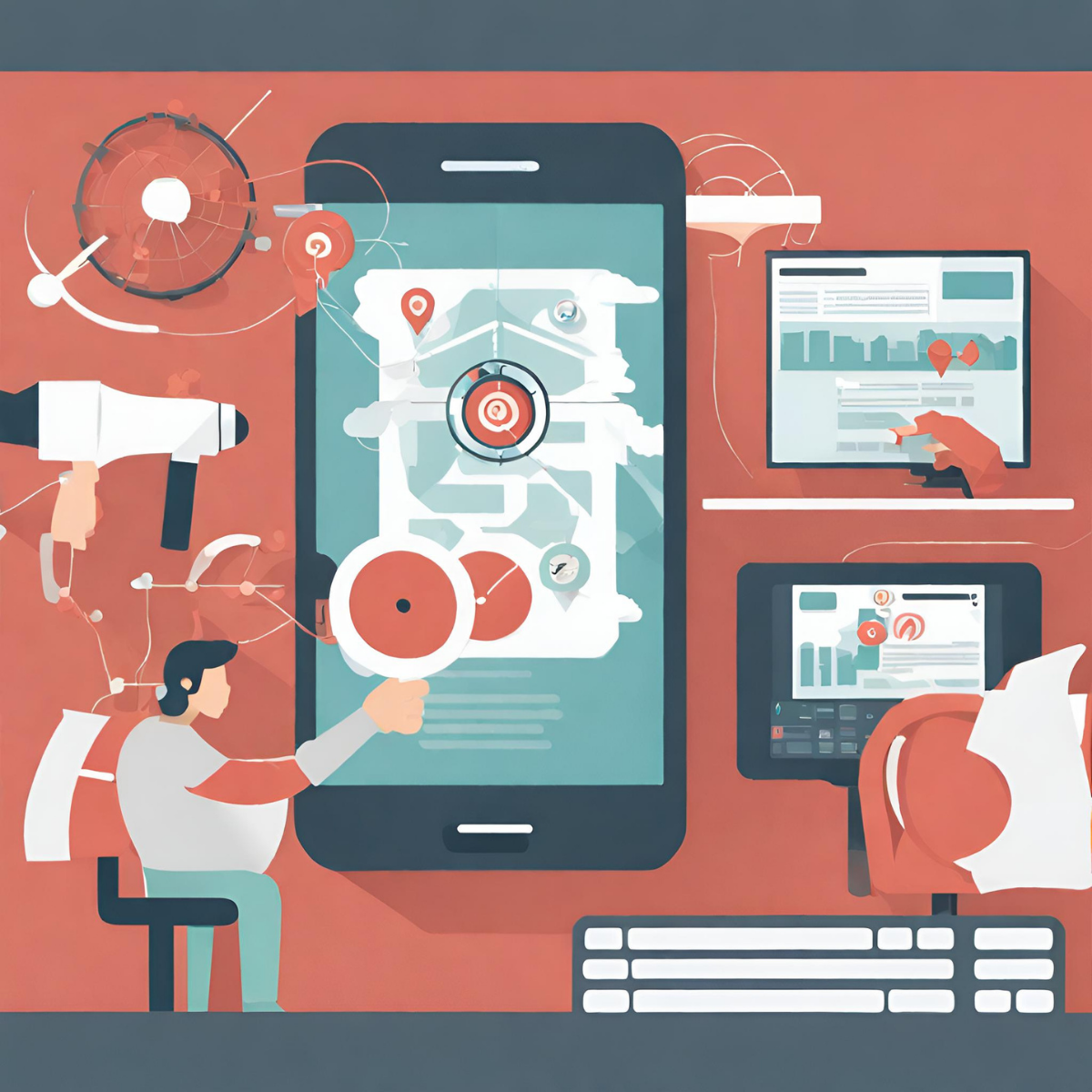 Persone gestiscono campagne marketing localizzate su smartphone e computer