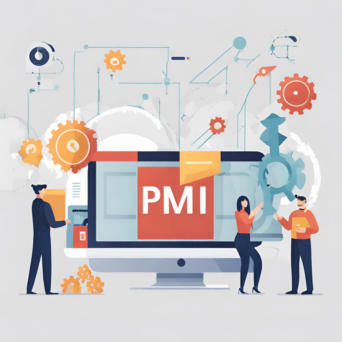 Persone davanti a uno schermo con la scritta PMI e ingranaggi digitali