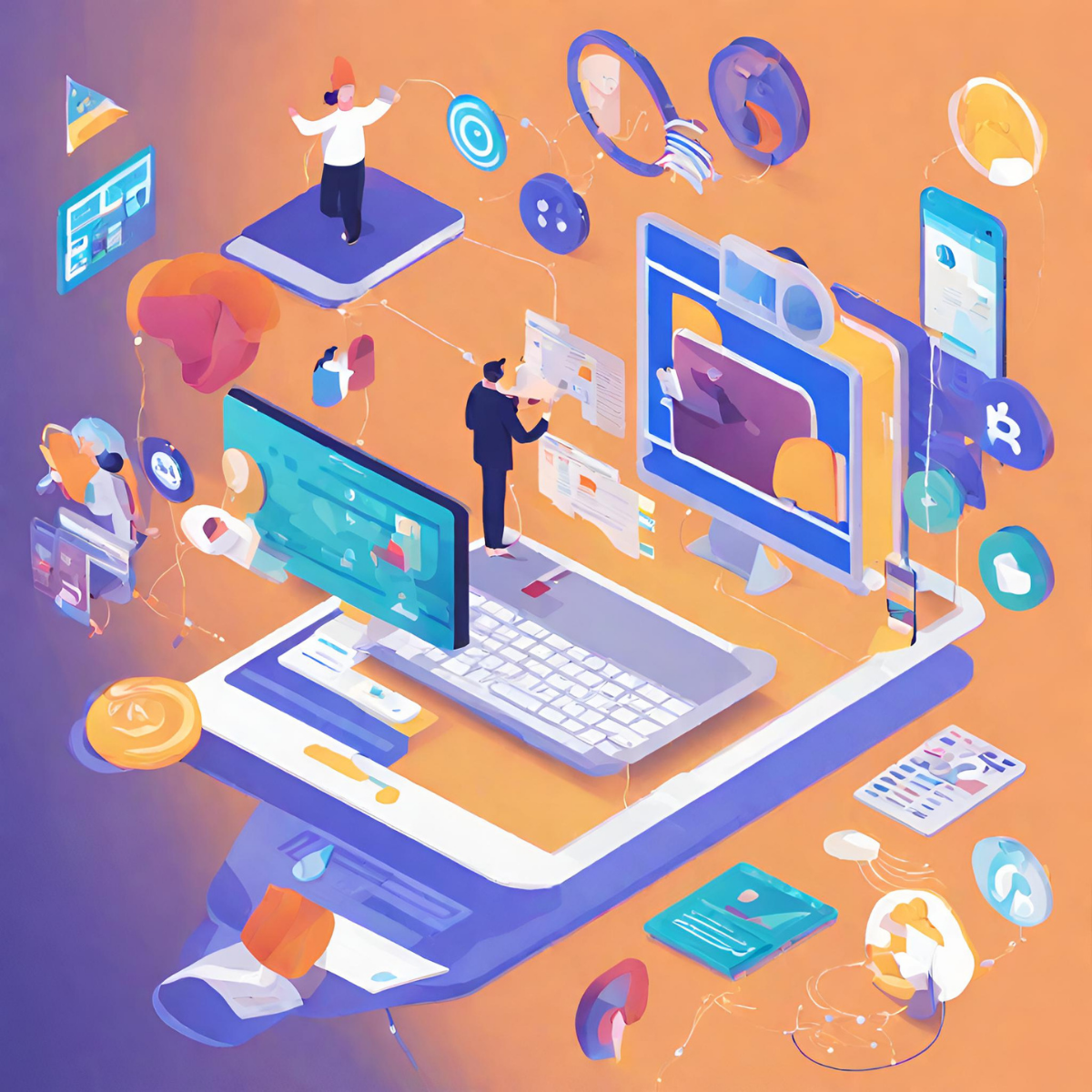 Illustrazione di dispositivi digitali e figure che interagiscono con più canali online