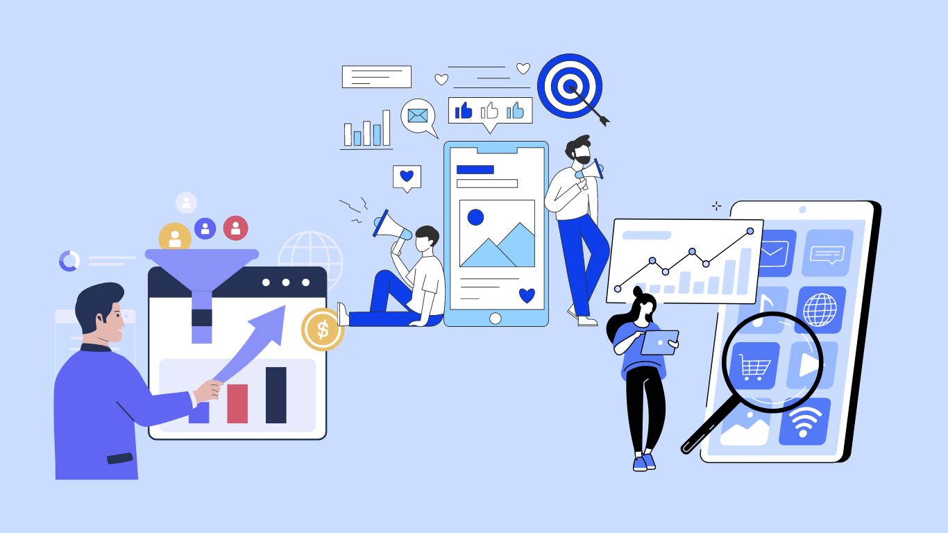 Illustrazione di marketing digitale con persone che analizzano dati, icone dei social media e un imbuto.