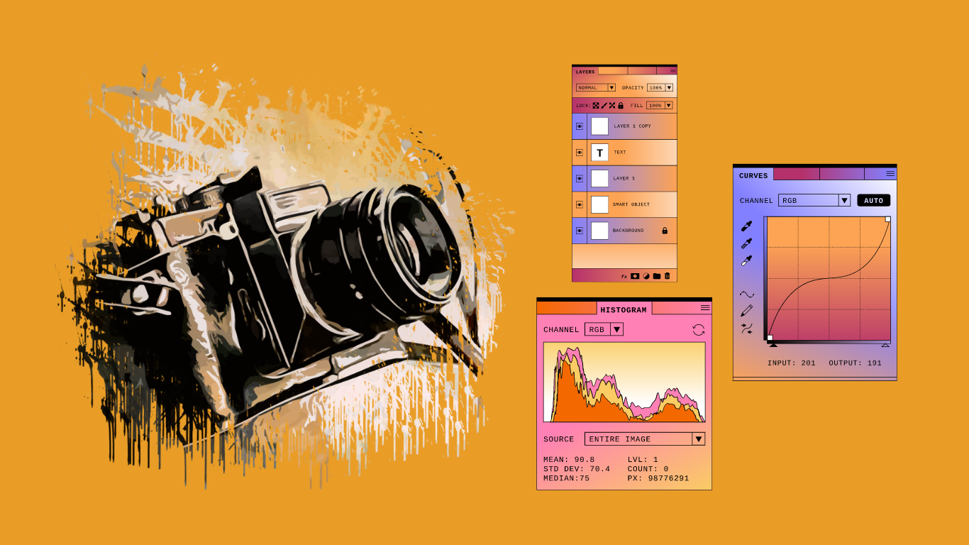Illustrazione di una macchina fotografica d'epoca accanto ai pannelli dell'interfaccia utente per l'editing fotografico, su sfondo giallo.