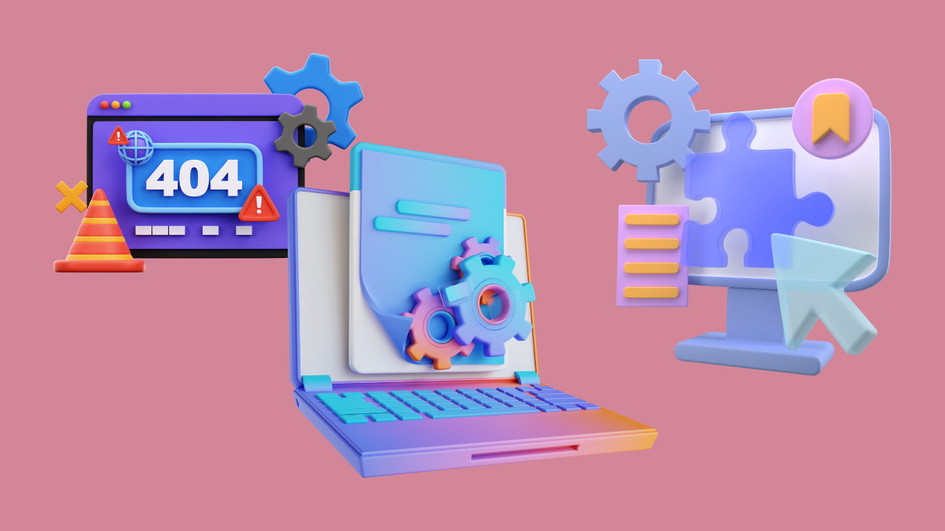 Icone di laptop, computer e pagine web con ingranaggi, puzzle e messaggi di errore, su sfondo rosa.