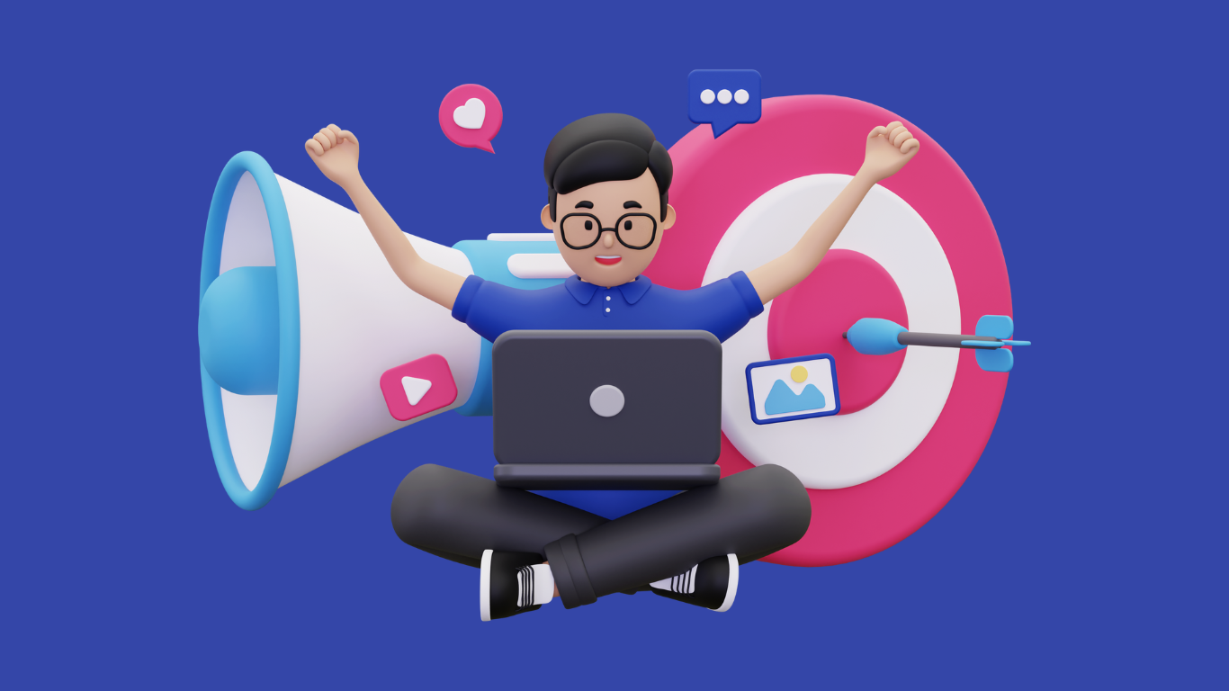 Un uomo festeggia con il computer portatile, le mani alzate vicino al bersaglio con freccetta, megafono e icone dei social media.