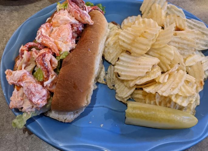 A blue plate topped with a lobster roll and potato chips.