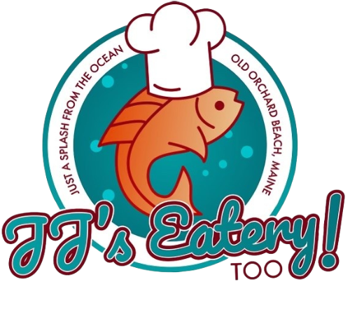 A logo for jj 's eatery too with a fish wearing a chef 's hat