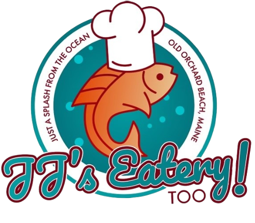 A logo for jj 's eatery too with a chef 's hat on a fish