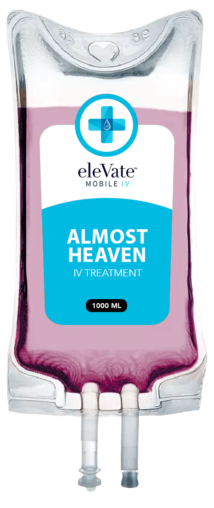 A bag of almost heaven is sitting on a table.