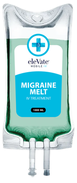 A bag of migraine melt is shown on a white background.