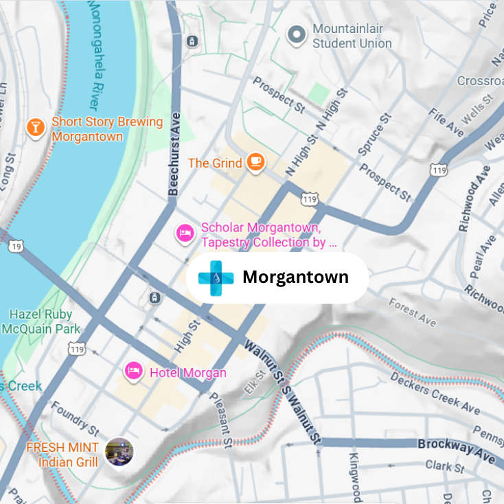 Map of Morgantown, WV, with labeled streets, landmarks, and businesses. A medical icon marks the city's location.