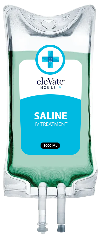 A bag of summit saline is shown on a white background.