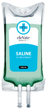 A bag of summit saline is shown on a white background.