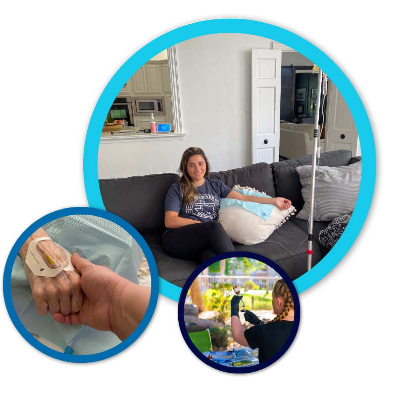 A woman is sitting on a couch with an iv in her hand.