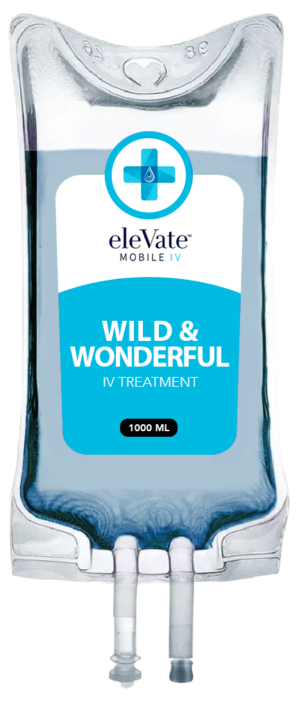 A bag of liquid with a label that says `` wild & wonderful ''.