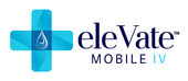 The logo for elevate mobile iv is a blue cross with a drop of water on it.