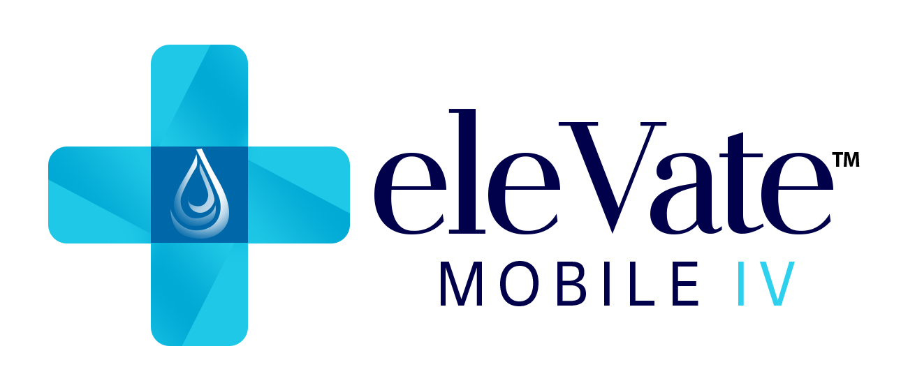 The logo for elevate mobile iv is a blue cross with a drop of water on it.