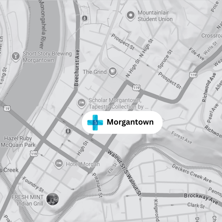 Map of Morgantown, WV, with labeled streets, landmarks, and businesses. A medical icon marks the city's location.