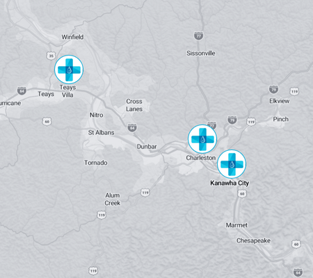 A map of a city with a blue cross on it
