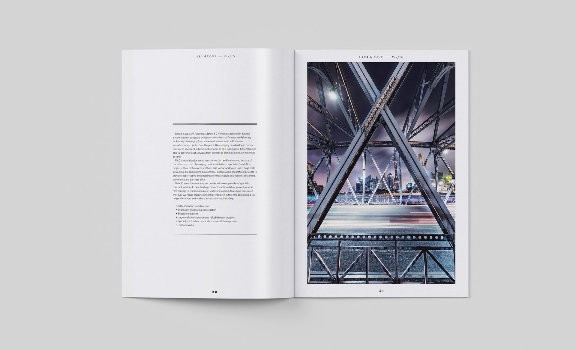 Two-page layout of the prospectus, created by Sydney based graphic designers at The End Creative Agency