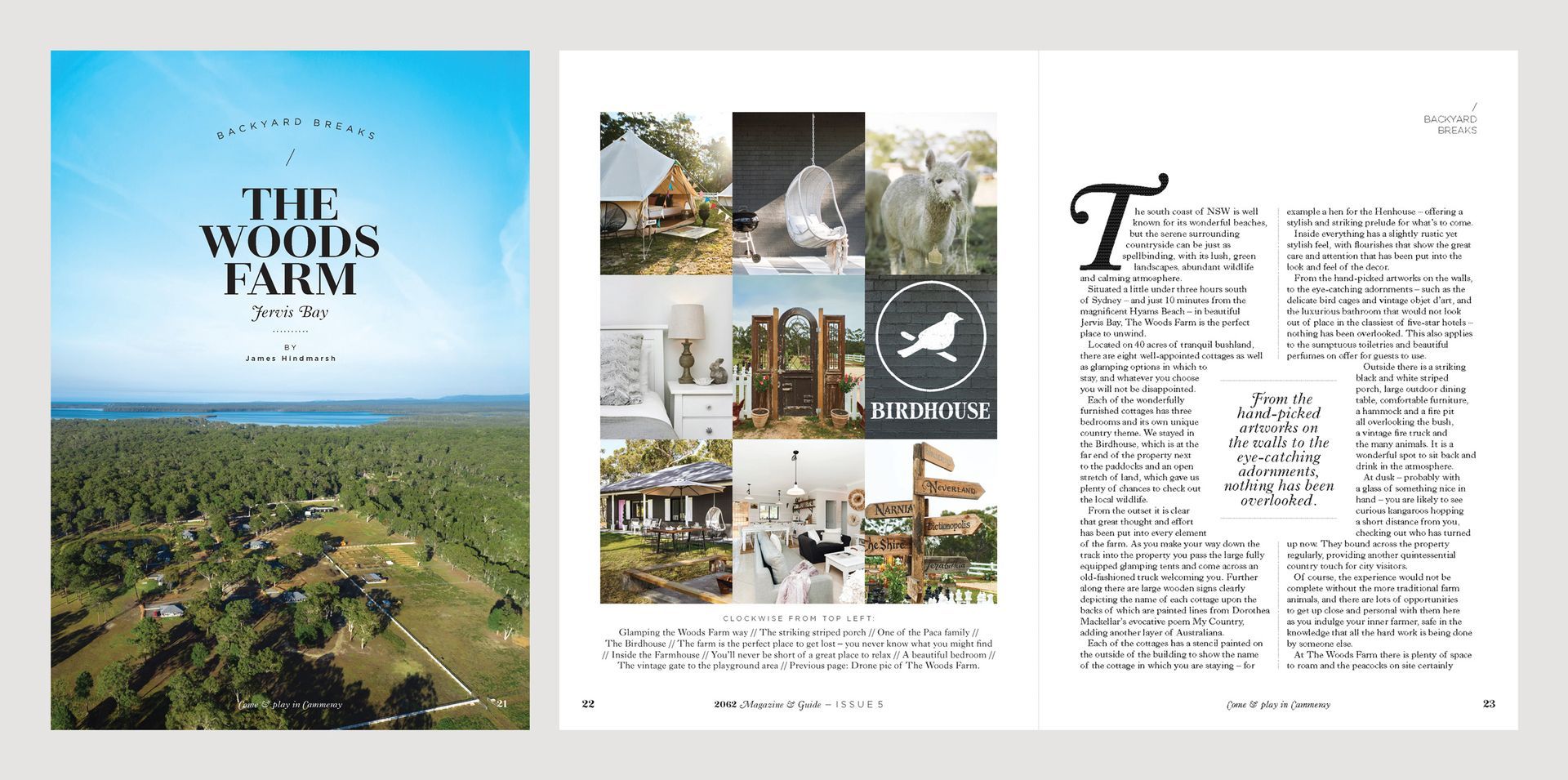 2062 Magazine spread showcasing an aerial view and a collage of rustic accommodations, farm animals, and outdoor living spaces, designed by The End Creative Agency in Sydney for Cammeray and surroundings