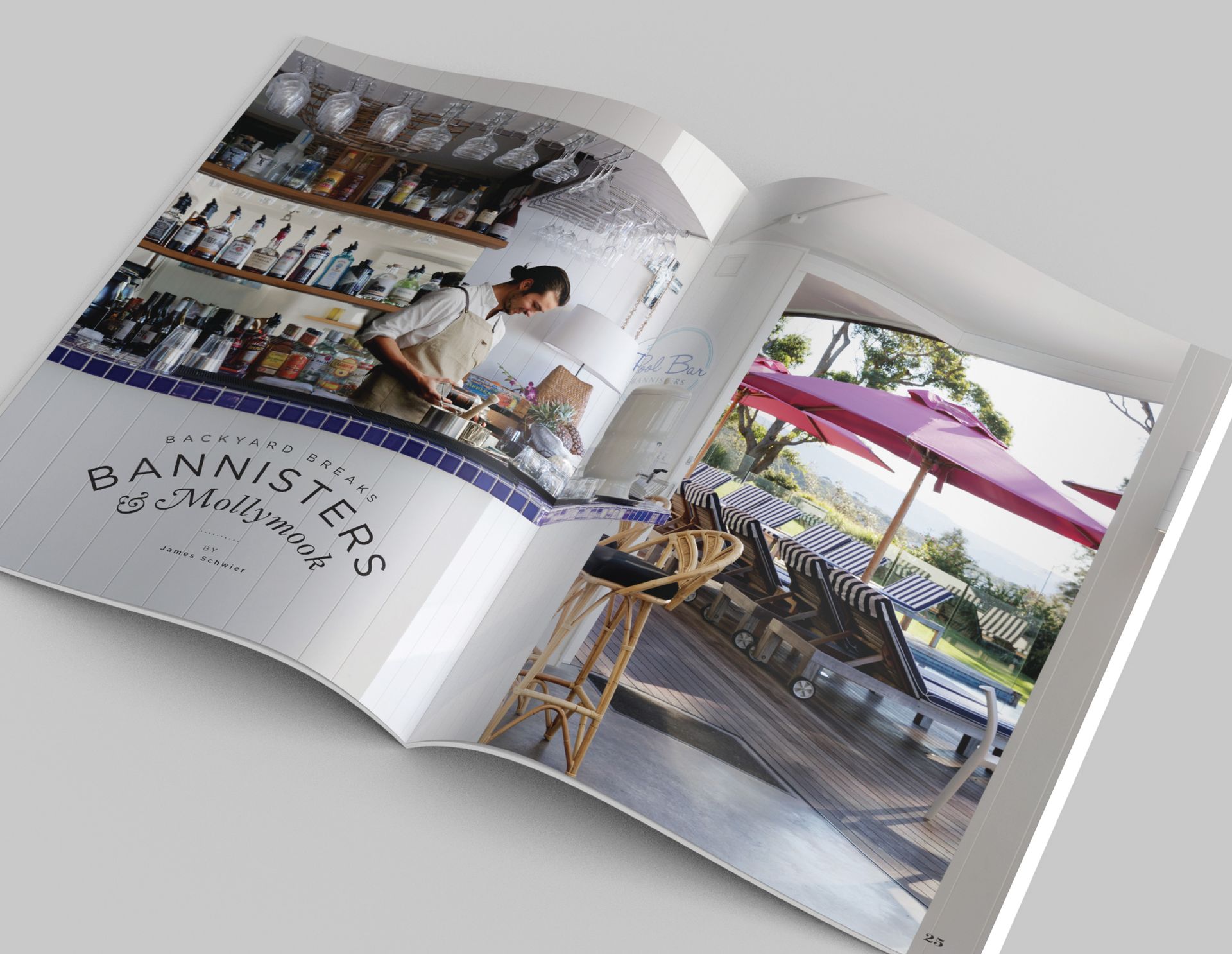 2062 Magazine spread showing a bartender preparing drinks and an outdoor lounge area, designed by the graphic design agency The End Creative Agency in Sydney