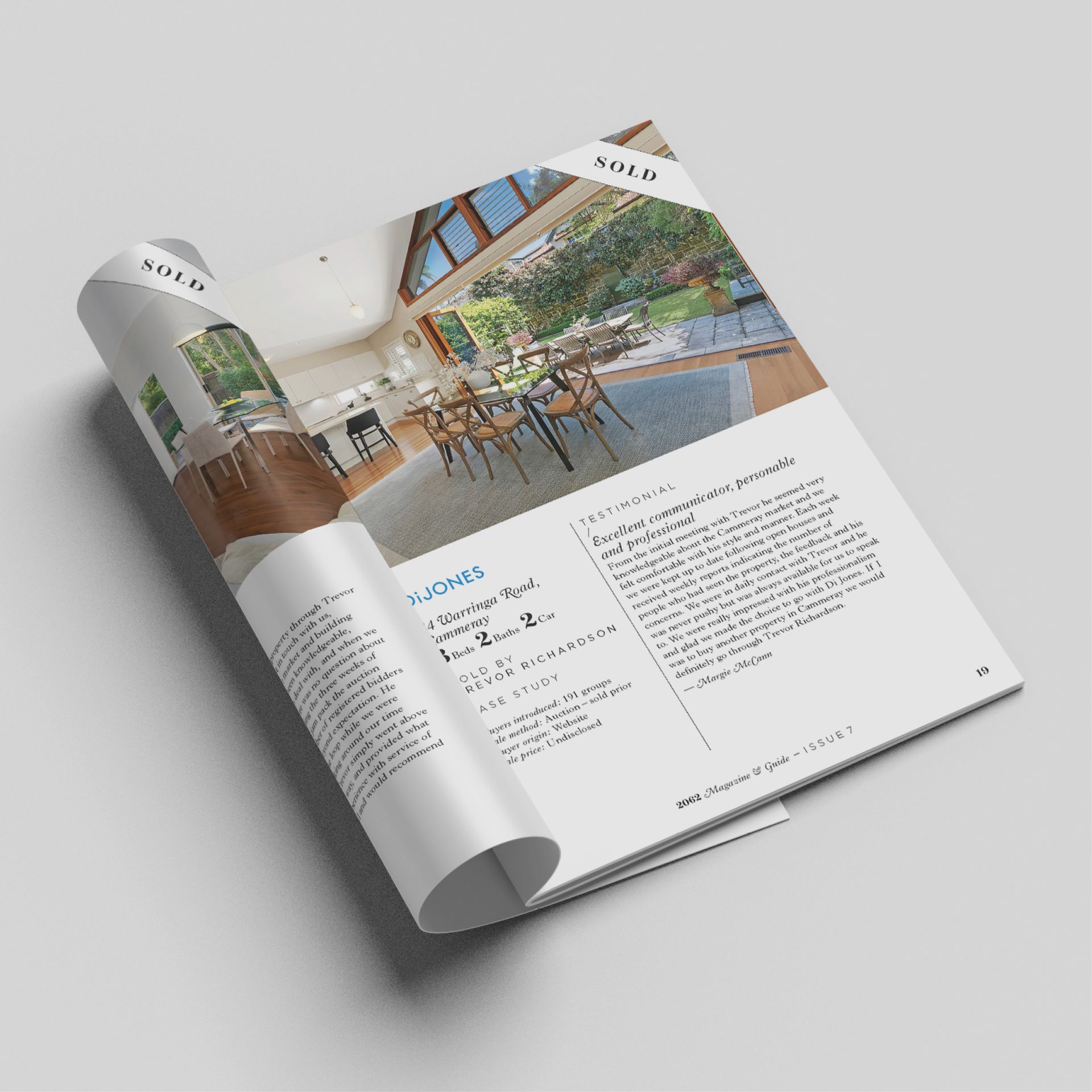 2062 Magazine page featuring a DiJones property sold in Cammeray, with a testimonial and image of the home, designed by the graphic design agency The End Creative Agency in Sydney