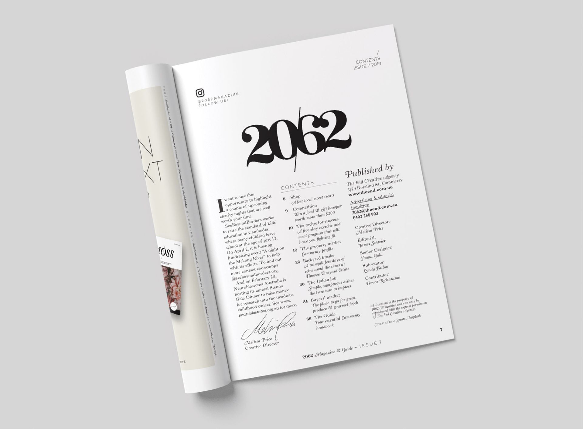 The Editors's letter page, contents and published by page for 2062 magazine which was designed by magazine designers The End Creative Agency in Sydney. The 2062 logo is featured prominently at the top.