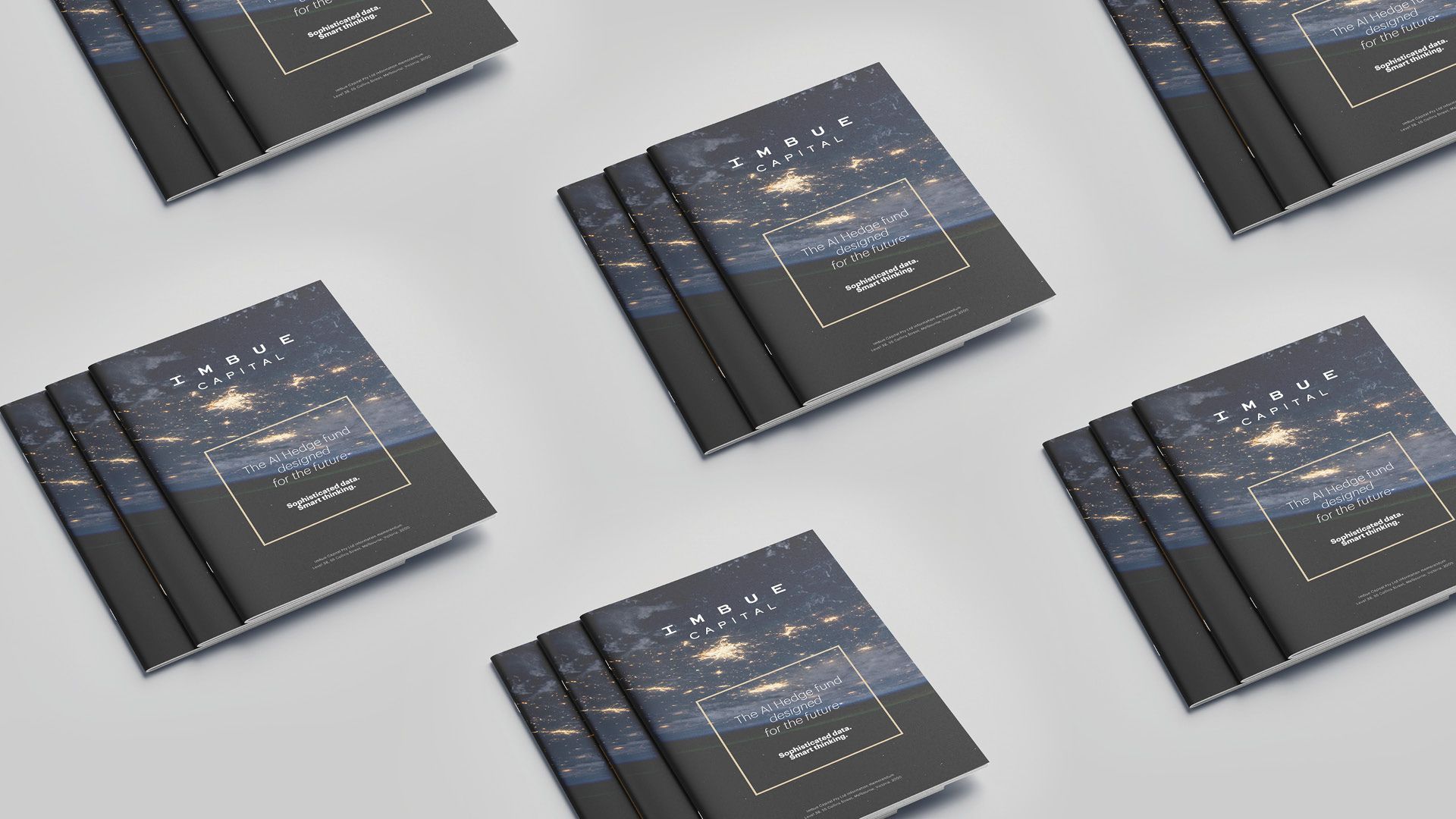 Multiple copies of the Imbue Capital prospectus, created by The End Creative Agency, a Sydney-based graphic design agency.