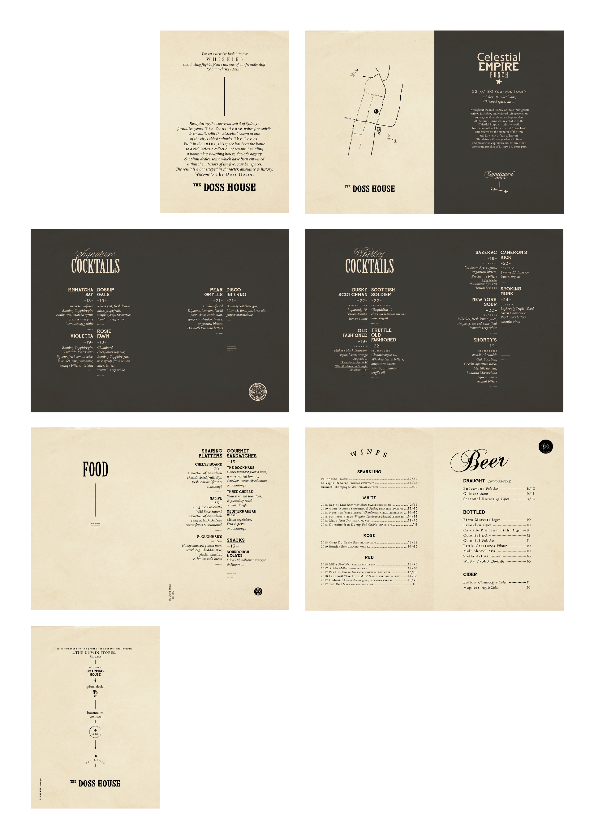 Full view of the menu designed for The Doss House by the designers at The End Creative Agency.