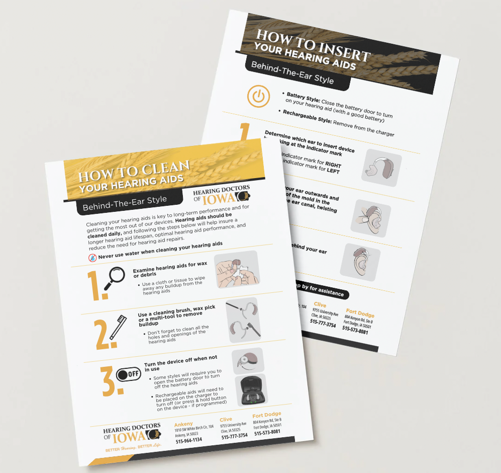 Two instructional flyers: one on cleaning, one on inserting hearing aids, featuring illustrations and text.
