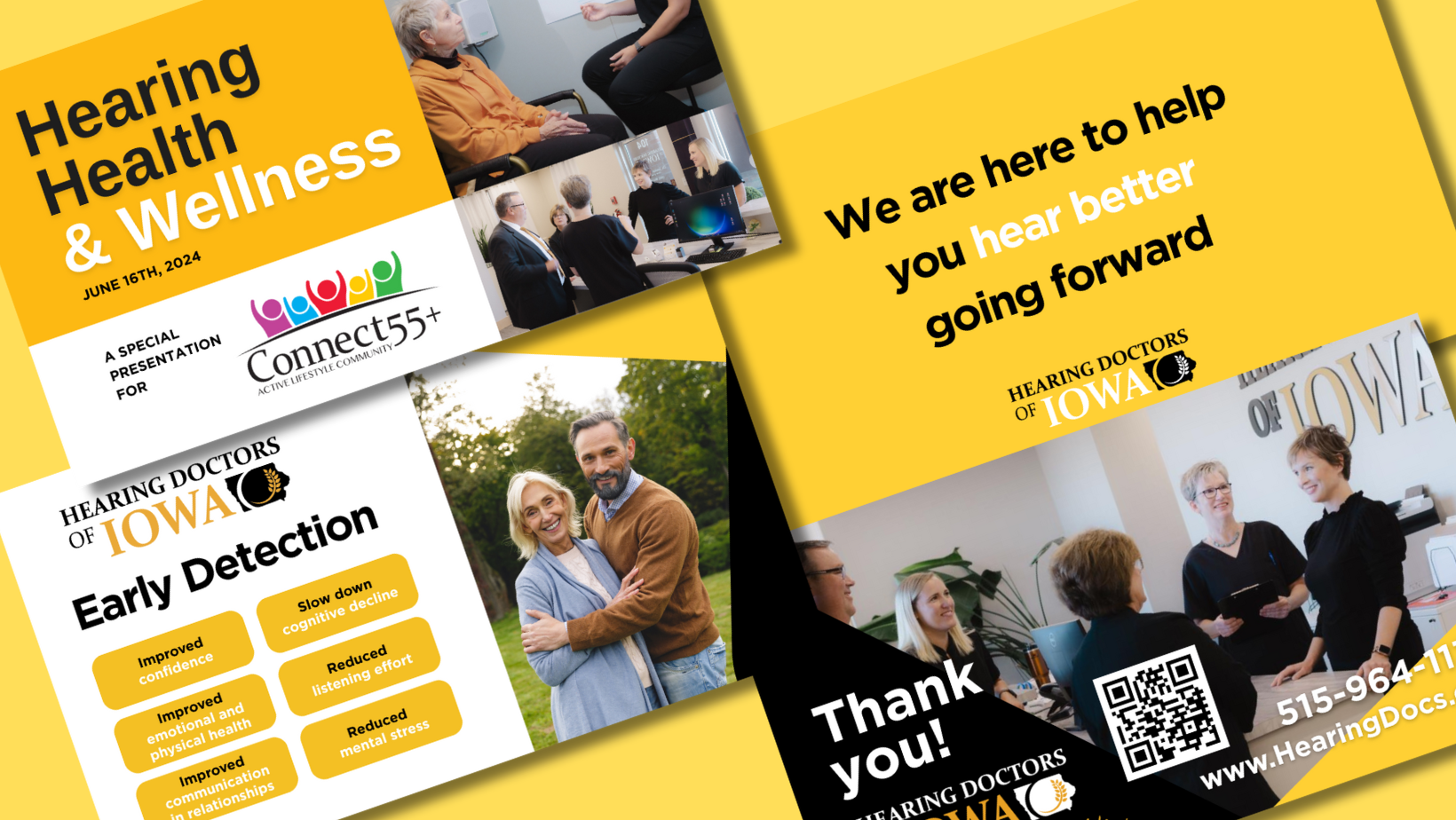 Promotional materials for hearing health services in Iowa, featuring bright yellow and white designs with text and photos.