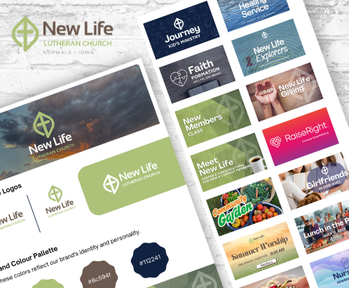 Church branding showcasing logos, color palettes, and promotional graphics with a logo featuring a cross within a green leaf.