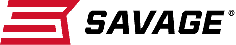 A red white and black savage logo on a white background