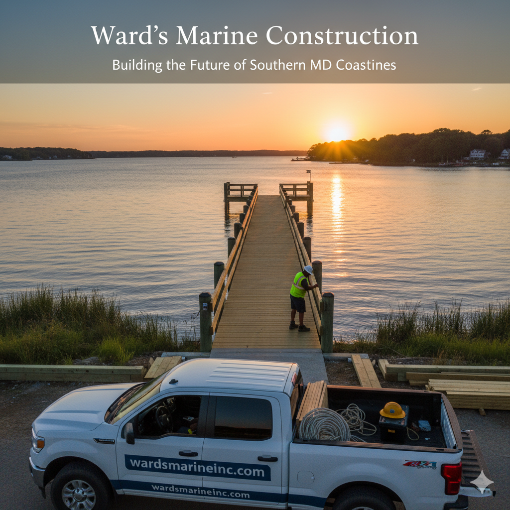 A beautiful sunset over a Southern Maryland waterfront, featuring a newly constructed wooden pier
