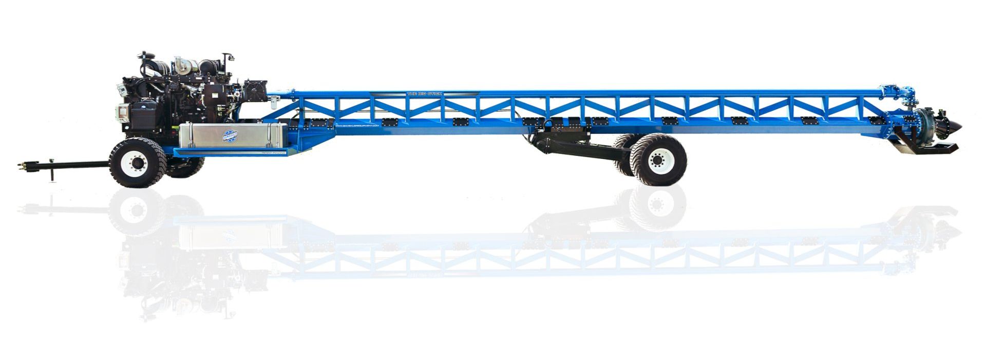 Blue aircraft tug towing bar with wheels and a towhead on a white background