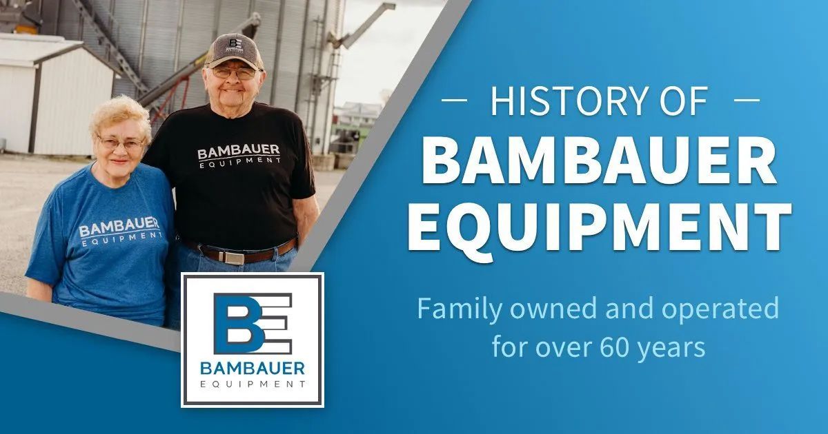 Bambauer Equipment history banner with smiling people, blue background, and company logo