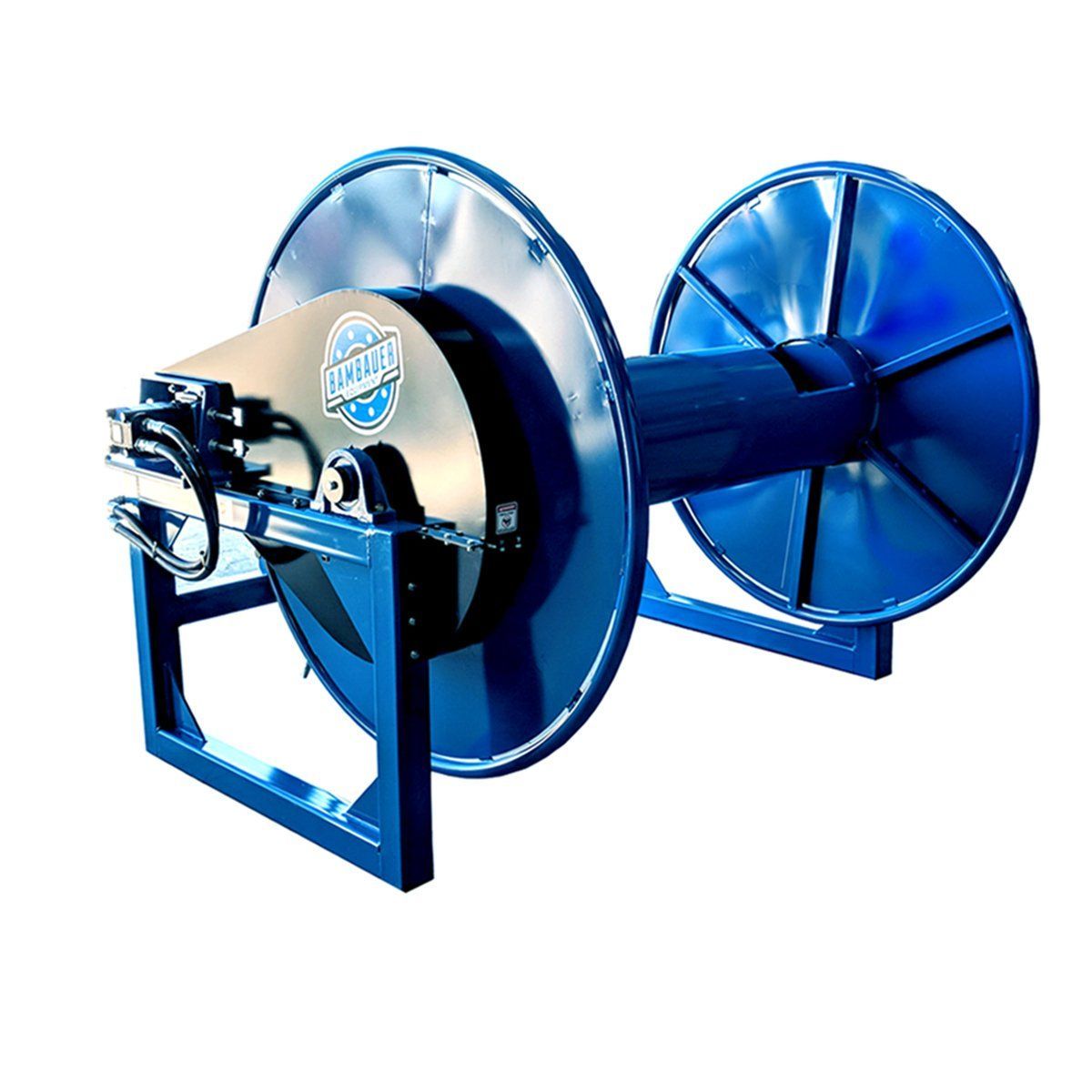 Blue industrial hose reel with metal frame and large cable spool