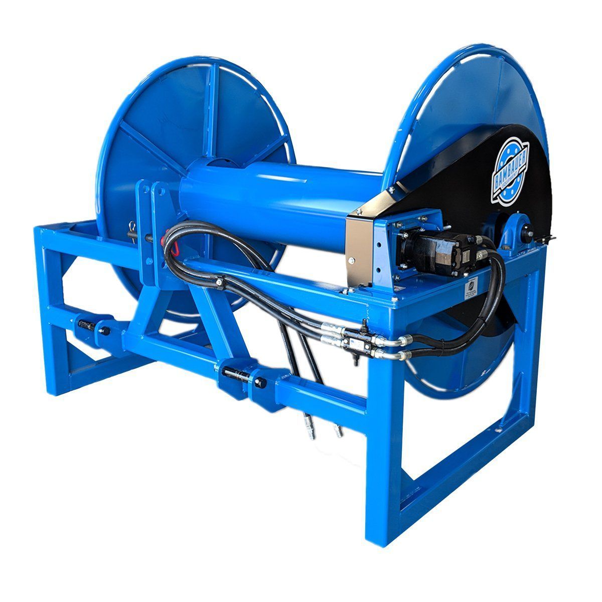 Blue industrial hose reel on a metal frame with black hoses and cabling