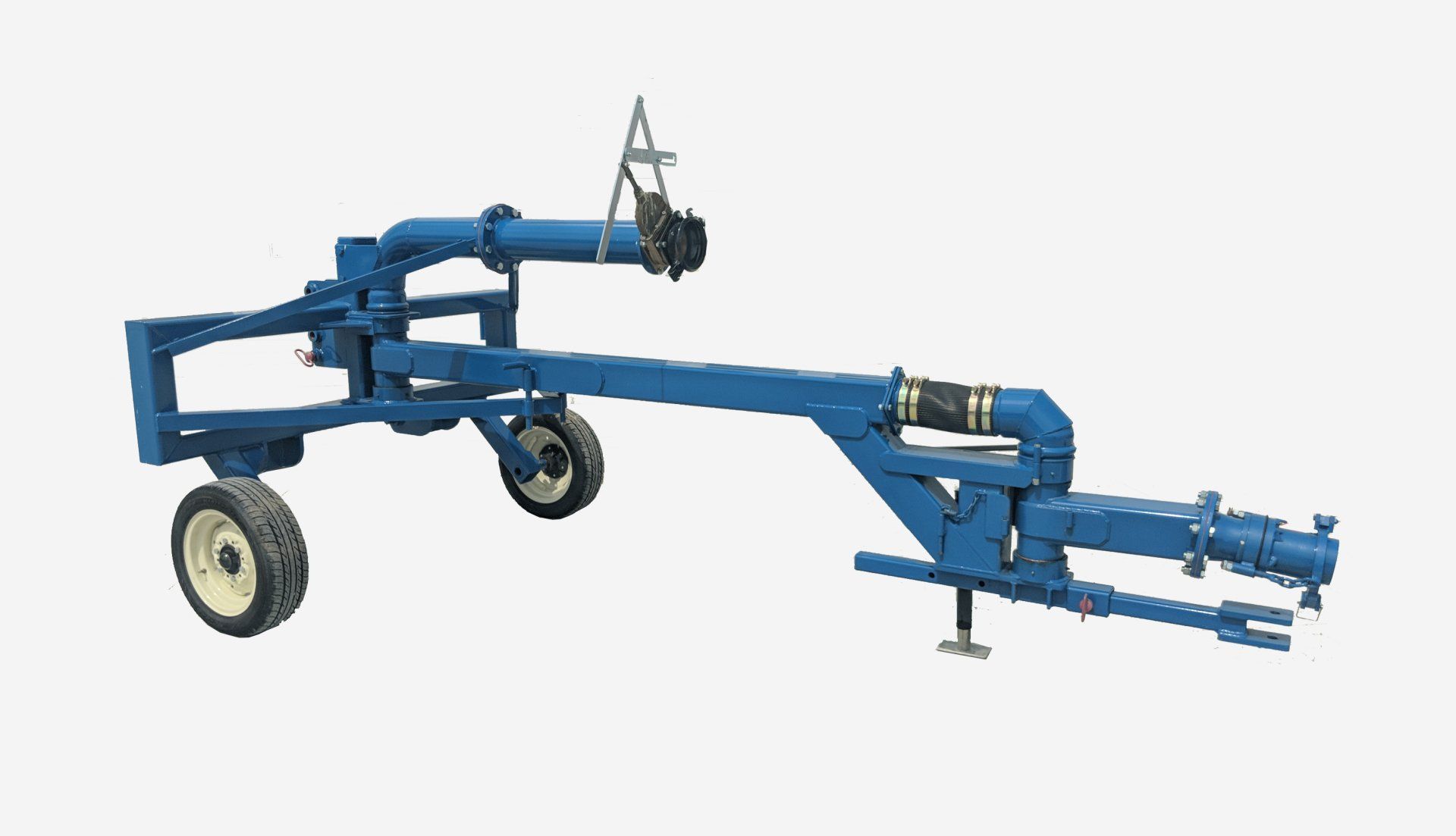 Blue agricultural trailer or implement with large wheels on a white background