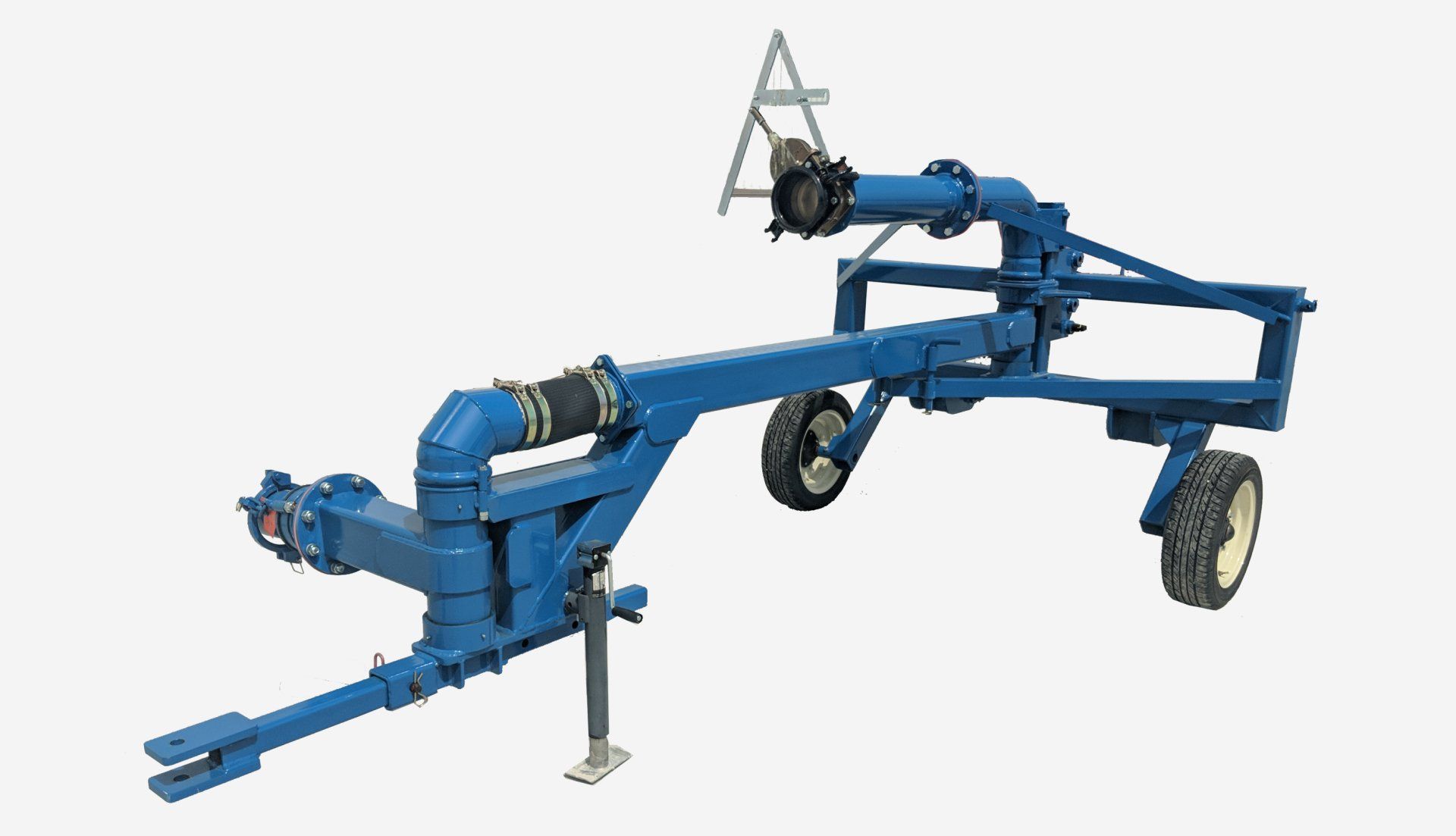 Blue agricultural trailer or machinery with wheels and support stands on a white background