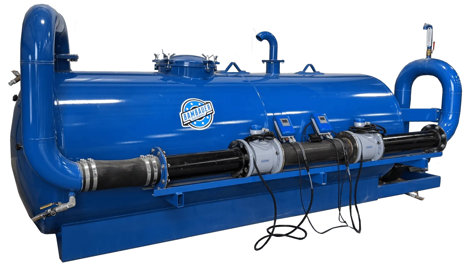Blue industrial machine with large cylindrical body, pipes, and attached motor units on a white background