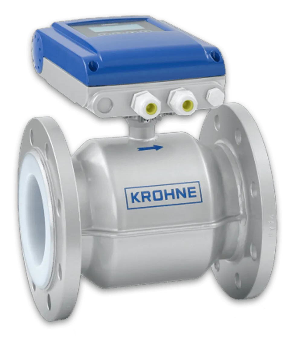 Blue and silver KROHNE industrial flow meter with flanged ends and top-mounted display