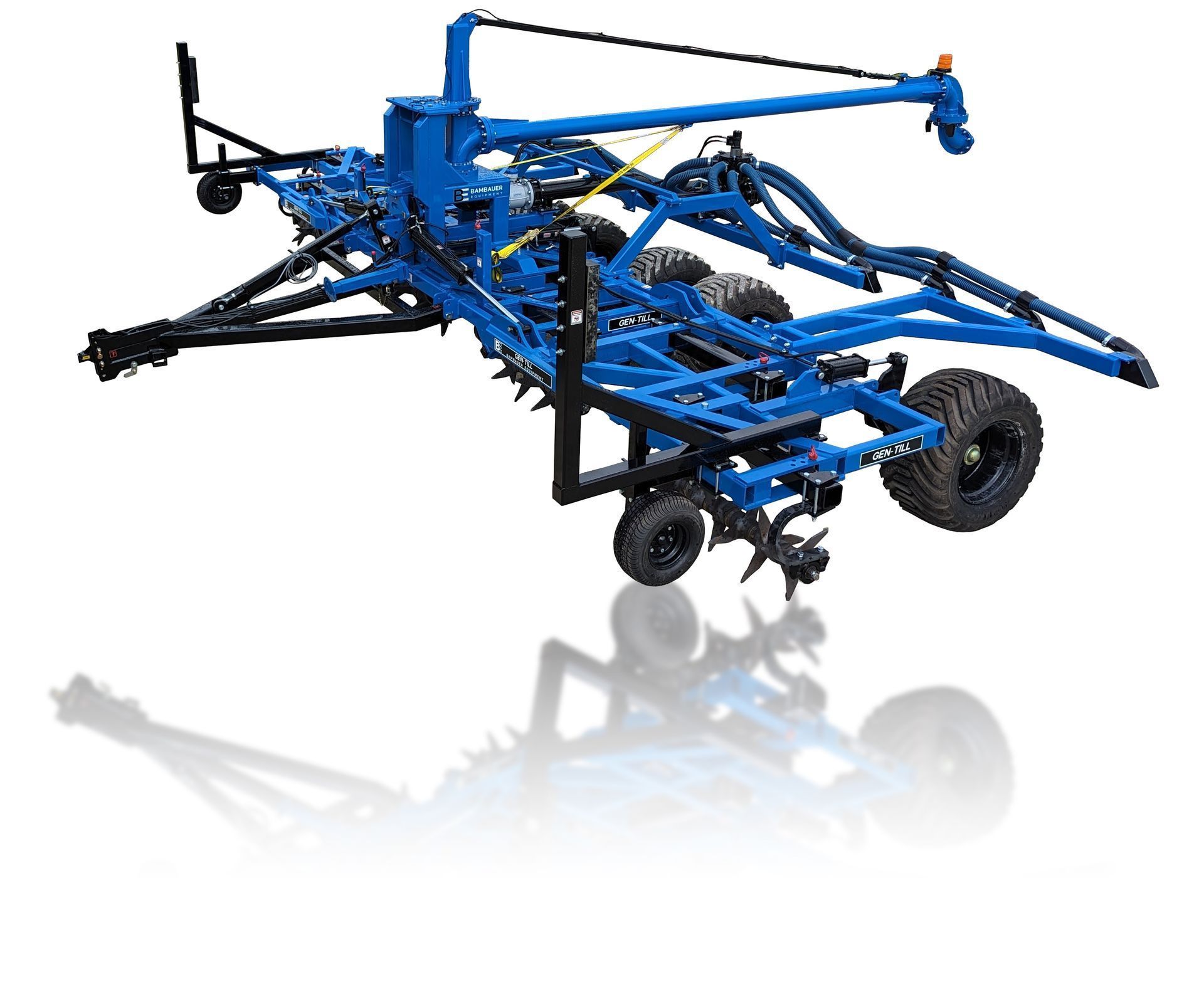 Blue agricultural tillage implement with black wheels and extended tines on a white background