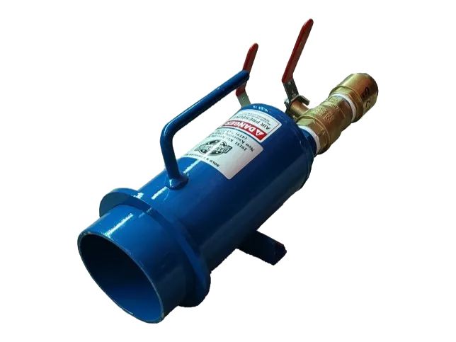 Blue industrial pipe-fitting tool with red handles and brass connector, isolated on white background