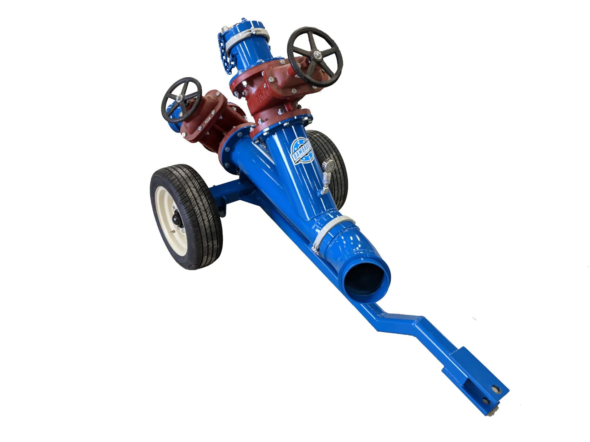 Blue and red fire hydrant on a wheeled maintenance cart with a long blue handle