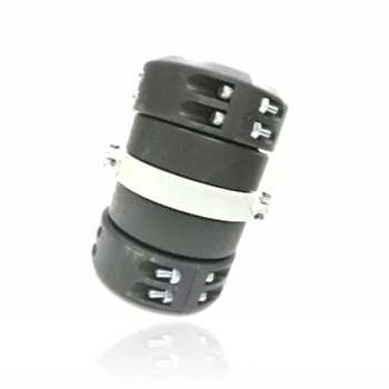 Black cylindrical mechanical device with white center band, isolated on a white background.