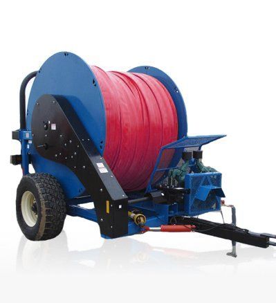 Blue cable reel trailer with a large red hose spool and wheels