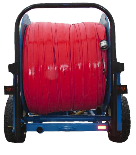Blue hose reel cart with a large red hose wound on it, front view.
