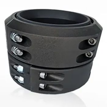 Black adjustable clamp collar with multiple silver bolts on a white background
