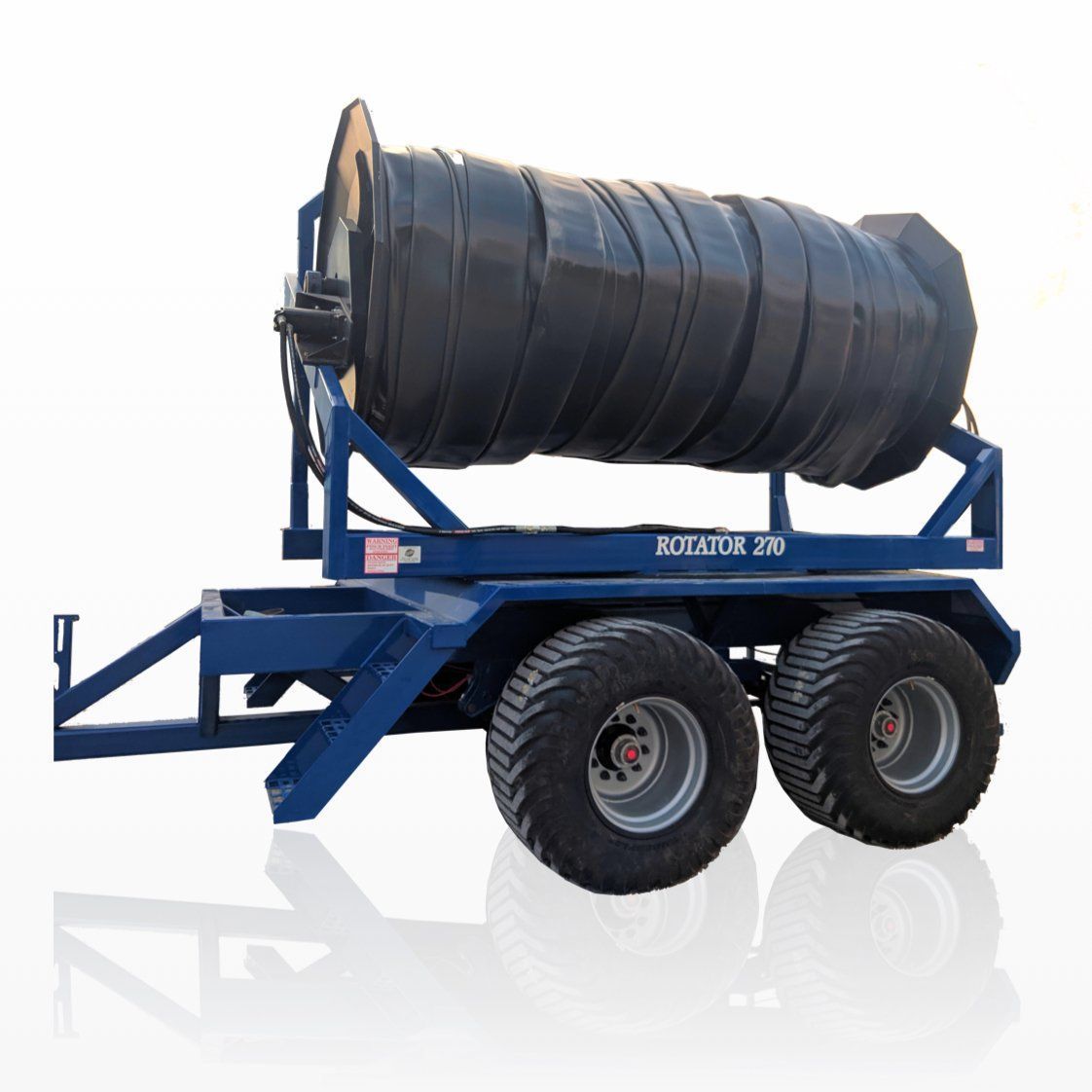 Blue two-wheel trailer with large black cylindrical tank mounted on top against a white background